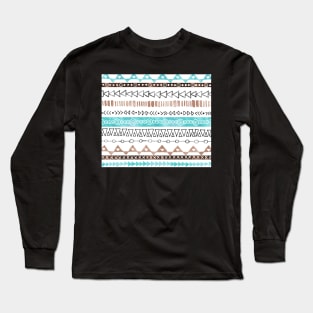 Brown Teal Blue Black hand drawn watercolor geometric tribal pattern Long Sleeve T-Shirt